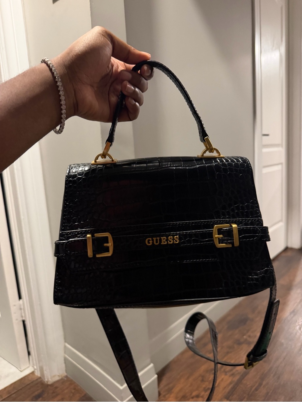 GUESS Black Croc-Embossed Top Handle Satchel with Gold Hardware